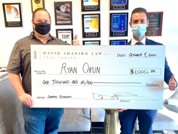 David Shapiro provides Scholarship Check to Ryan Okun